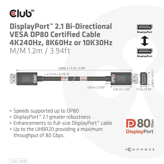 Кабель Club 3D Displayport v2.1 [VESA Certified] 8K@60Hz, 4K@240Hz 80Gbps 1.2м чорний (CAC-1091) - зображення 4