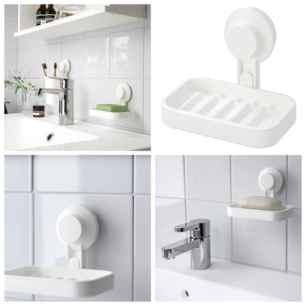 Мыльница для твёрдого мыла на присоске IKEA TISKEN для ванной комнаты на стену (настенная) белая 903.812.84 - изображение 2