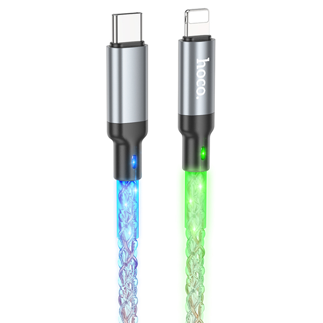 Кабель для зарядки Hoco U112 Shine Type-C - Lightning 20W 3A с RGB подсветкой 1м Gray - Фото 1 Кабель для зарядки Hoco U112 Shine Type-C - Lightning 20W 3A с RGB подсветкой 1м Gray - изображение 1