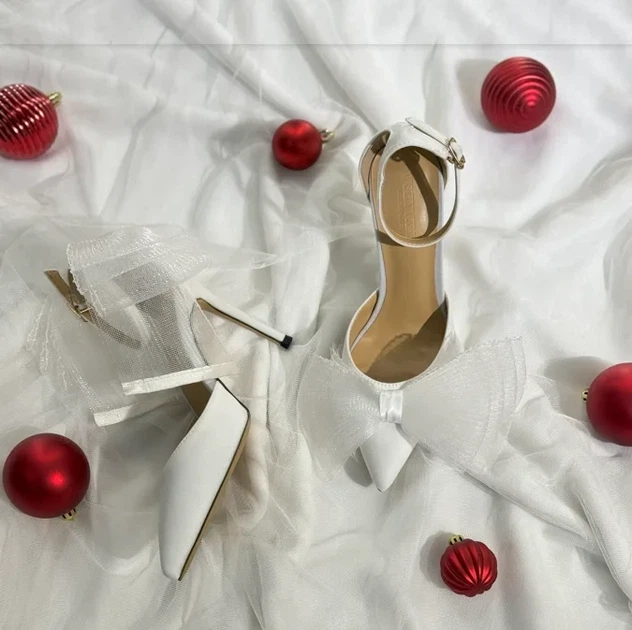 Жіночі туфлі весільні сатинові для нареченої з шифоновими бантами Білий колір 35р. 22,5 см T-0026-35 - зображення 3