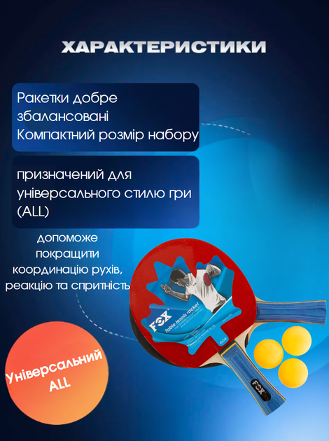 Набір для настільного тенісу 2 ракетки, 3 м'яча FOX F5510 (деревина, гума, уп. блістер) - изображение 2