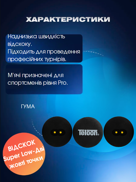 Набір м'ячів для сквошу TELOON TSQ0013 3шт чорний - Фото 2 Набір м'ячів для сквошу TELOON TSQ0013 3шт чорний - зображення 2