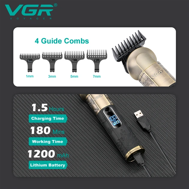 Аккумуляторный триммер для стрижки бороды и усов с USB и LED-дисплеем VGR V-296 Pro Золотистый + Масло - изображение 3
