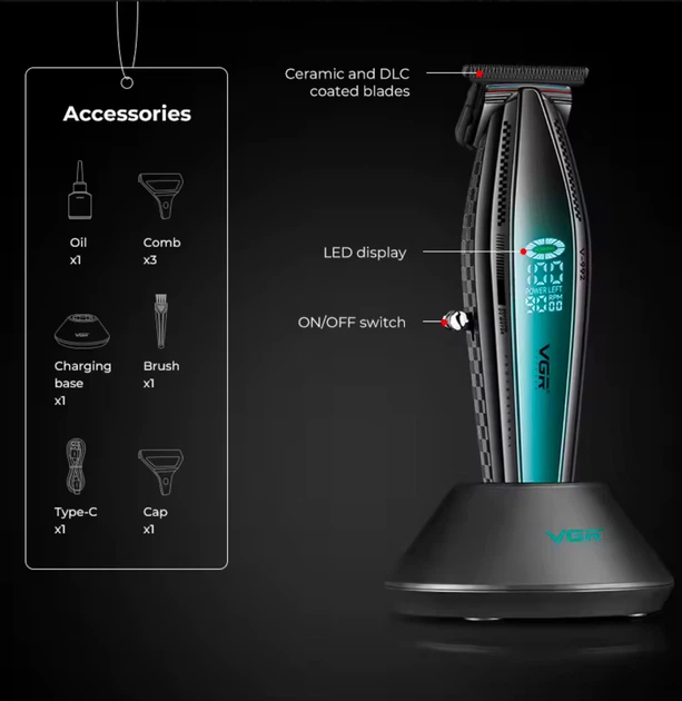 Аккумуляторный триммер для стрижки бороды и усов с USB и LED-дисплеем VGR V-992 Pro Черный + Масло - изображение 5