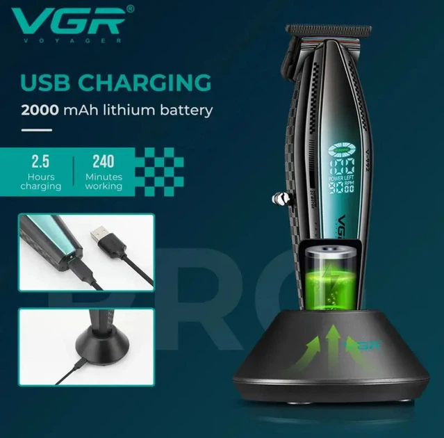 Аккумуляторный триммер для стрижки бороды и усов с USB и LED-дисплеем VGR V-992 Pro Черный + Масло - изображение 9