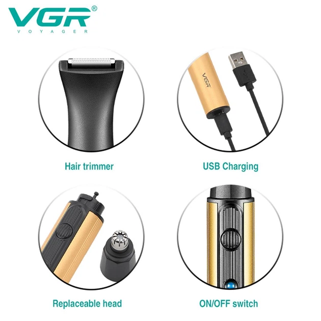 Аккумуляторный триммер для носа та вух 2 в 1 с IPX4 и USB VGR V-626 Pro Синий + Щетка - изображение 3