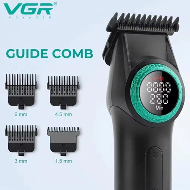 Аккумуляторный триммер для стрижки бороды и усов с USB и LED-дисплеем VGR V-977 Pro Черный + Масло - изображение 4