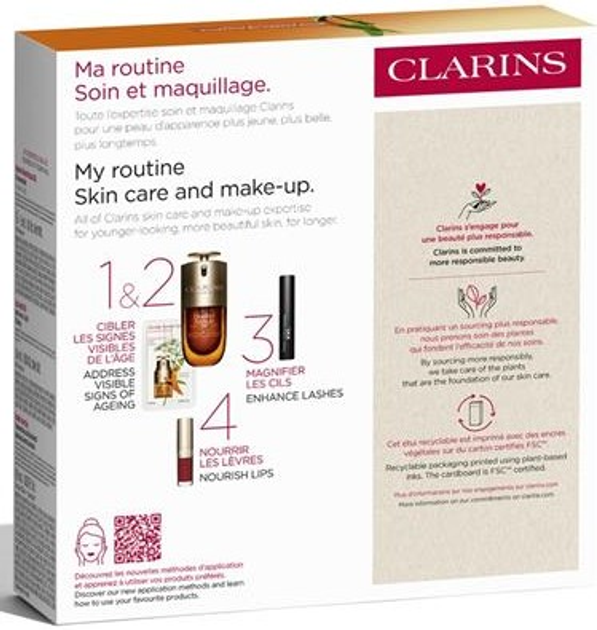 Набір для догляду за обличчям Clarins Double Serum Сироватка 30 мл + Туш для вій 3 мл + Олія для губ 1.4 мл + Пробник із сироваткою 0.9 мл + Косметичка (3666057332975) - зображення 3