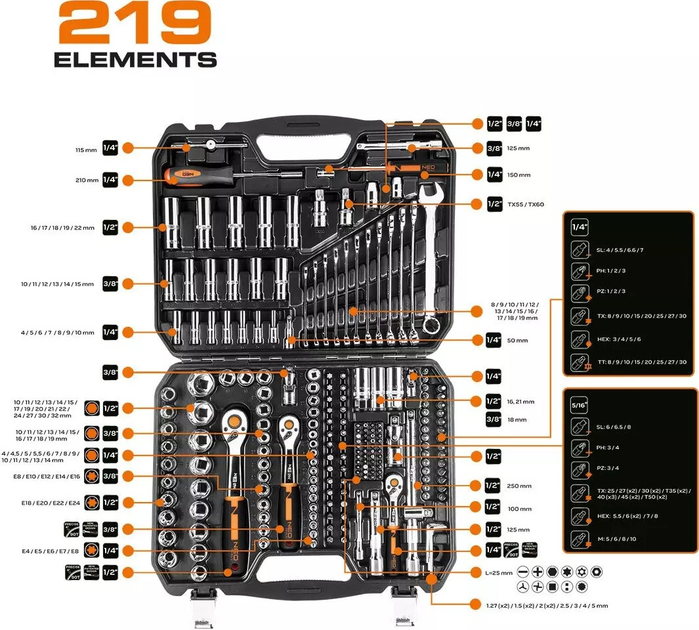Zestaw narzędzi NEO Tools 1/2" 1/4" 3/8" CrV 219 szt. 10-076 (5907558465907)   - obraz 13