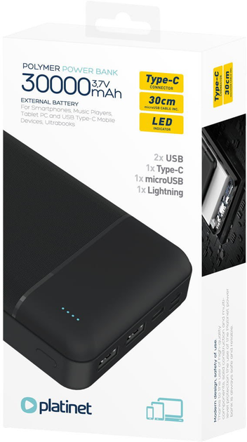 Powerbank Platinet 30000 mAh 10W Black (PMPB30W707B) - obraz 5