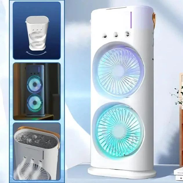 Вентилятор настільний подвійний з охолодженням Double-ended Spray Fan LED-підсвічування 3 швидкості, розпилювач водяного туману - Фото 2 Вентилятор настільний подвійний з охолодженням Double-ended Spray Fan LED-підсвічування 3 швидкості, розпилювач водяного туману - зображення 2