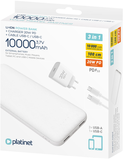 Powerbank Platinet 10000 mAh + ładowarka PD 20W White (PPMPB10SETW) - obraz 3