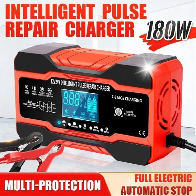 Автоматичний зарядний пристрій для акумуляторів 12V-10A/24V-5A червоно-чорний - зображення 4