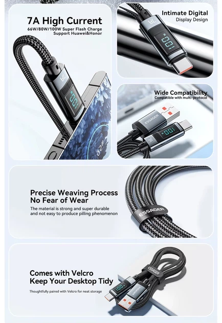 Кабель Essager USB to Type-C (v2), 100W 7A, 2м, з дисплеєм, AI чіп, 480 Мбіт/с, передача даних / зарядка, підвищеної міцності, Сірий - зображення 2