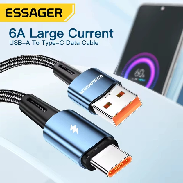Кабель Essager USB to Type-C, 120W 6A, 2м, 480 Мбіт/с, передача даних / зарядка, підвищеної міцності, чорний - Фото 4 Кабель Essager USB to Type-C, 120W 6A, 2м, 480 Мбіт/с, передача даних / зарядка, підвищеної міцності, чорний - зображення 4