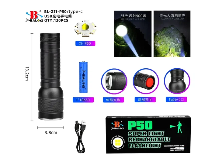 Ліхтар поліцейський Bailong BL-Z11-P50 світлодіодний анодований алюміній USB зум акумулятор 18650 - зображення 2