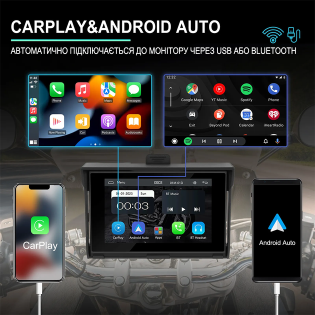 CarPlay Android Auto монітор для мотоцикла Podofo A3502, 5" сенсорний дисплей, Bluetooth, Wi-Fi, GPS - зображення 2