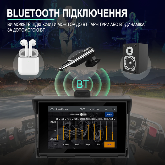 CarPlay Android Auto монітор для мотоцикла Podofo A3502, 5" сенсорний дисплей, Bluetooth, Wi-Fi, GPS - зображення 6