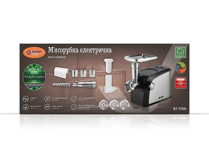 Электрическая мясорубка 4200Вт насадки для колбасы и кеббе BiTEK BT-3700 нержавеющая сталь пластик - Фото 2 Электрическая мясорубка 4200Вт насадки для колбасы и кеббе BiTEK BT-3700 нержавеющая сталь пластик - изображение 2
