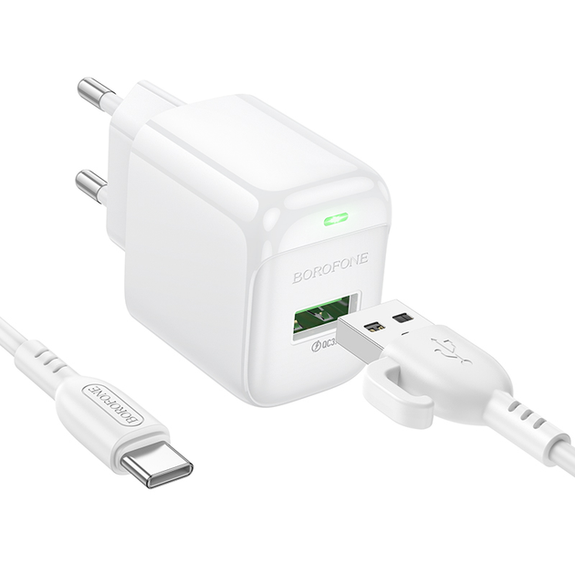 Сетевое зарядное устройство с кабелем BOROFONE BAS42A Potential single-port QC3.0 charger set(Type-C) 18W White 6941991113802 - изображение 3