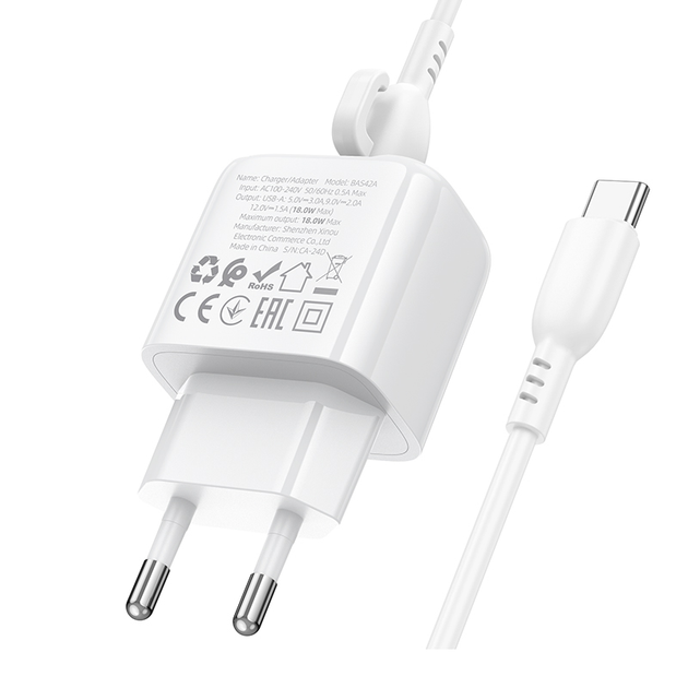 Сетевое зарядное устройство с кабелем BOROFONE BAS42A Potential single-port QC3.0 charger set(Type-C) 18W White 6941991113802 - изображение 7