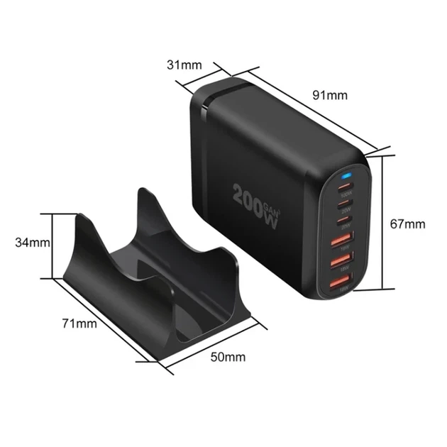 Блок живлення Type-C зарядний пристрій USB Хаб GaN 200 W (200 Вт) Швидке Заряджання для Ноутбука та телефона - Фото 5 Блок живлення Type-C зарядний пристрій USB Хаб GaN 200 W (200 Вт) Швидке Заряджання для Ноутбука та телефона - зображення 5