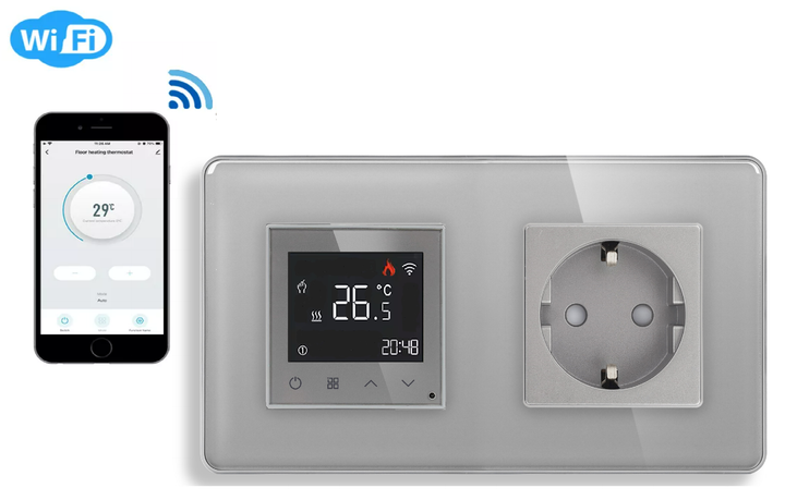 Стеклянный WiFi регулятор теплого пола с розеткой 1DAL Серый (G157D-TR.WF-ST.WT) - изображение 2
