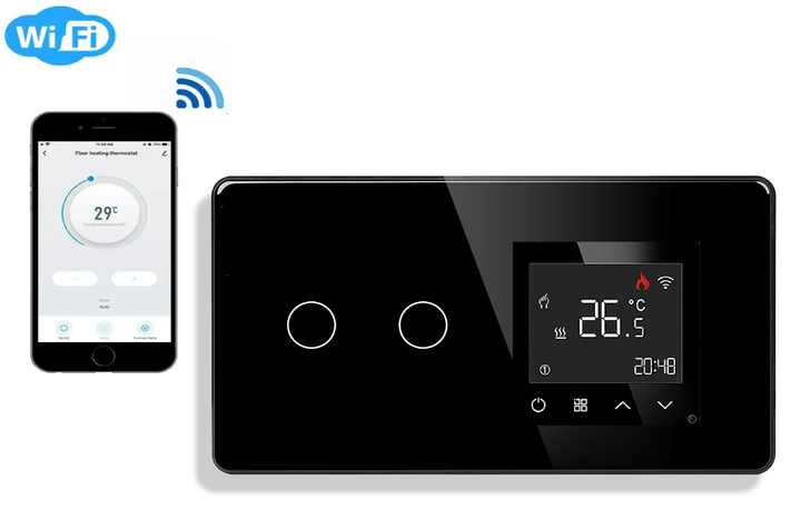 Стеклянный WiFi регулятор теплого пола с сенсорным выключателем 1DAL Черный, 2 сенсора (G157D-SW2G-TR.WF.BL) - изображение 2