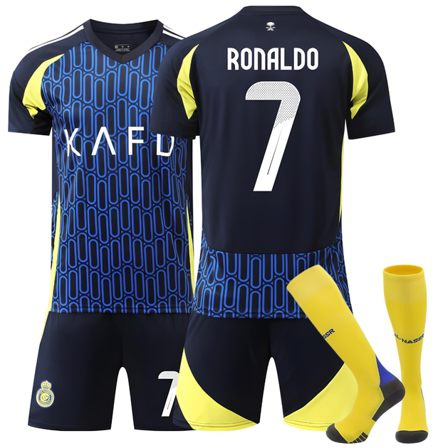 Форма футбольная детская Ronaldo (Роналдо) 7 Al-Nasr (Аль-Наср), сезон 24/25 с гетрами (размер 34-38), 30 размер, рост 150-160 см, черно-синяя с желтым - Фото 1 Форма футбольная детская Ronaldo (Роналдо) 7 Al-Nasr (Аль-Наср), сезон 24/25 с гетрами (размер 34-38), 30 размер, рост 150-160 см, черно-синяя с желтым - изображение 1