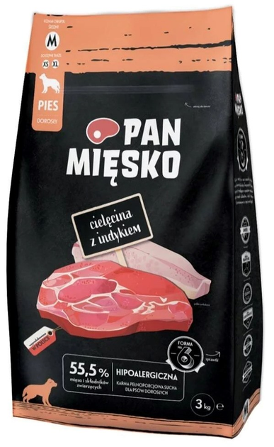 Cухий корм Pan Miesko для собак телятина з індичкою 3 кг Розмір M (5905342292326) - зображення 1