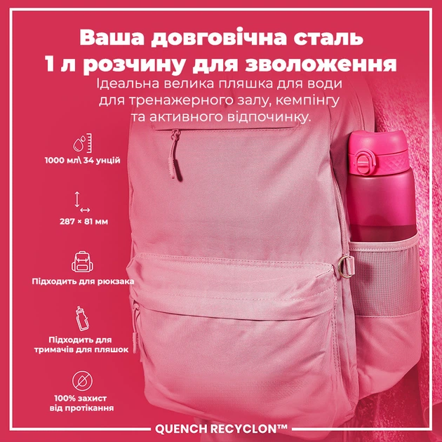 Пляшка для води ION8 1000 мл. (ЕКО пляшка) BPA Free, Pink - зображення 5