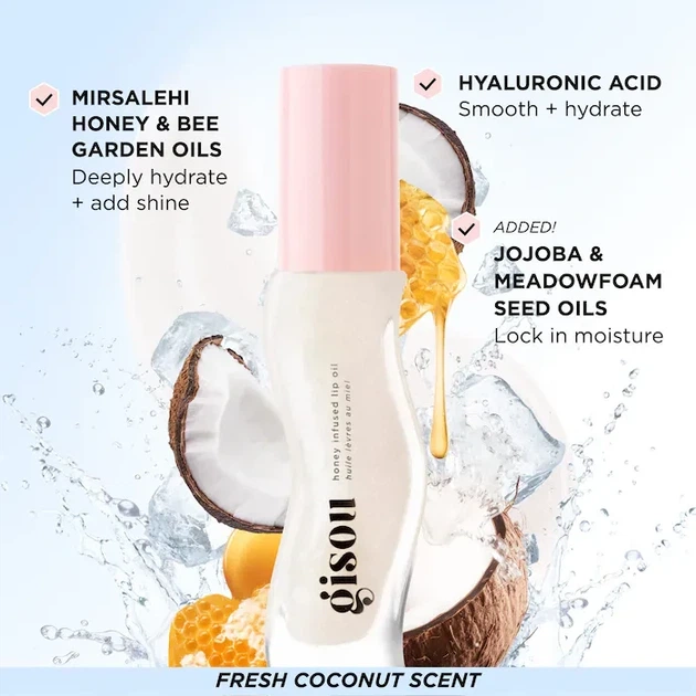 Олійка для губ з шимером Gisou Honey Infused Lip Oil Coconut Frost Clear Crystal Shimmer, 8 мл - изображение 4