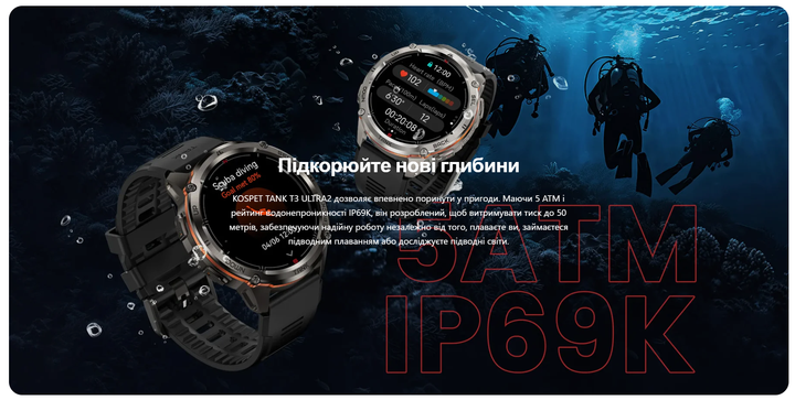 Умные противоударные, тактические смарт часы для военных Kospet Tank T3 Ultra 2 Special Edition Black (2 ремешка) с компасом, барометром,GPS, водостойкие - изображение 12