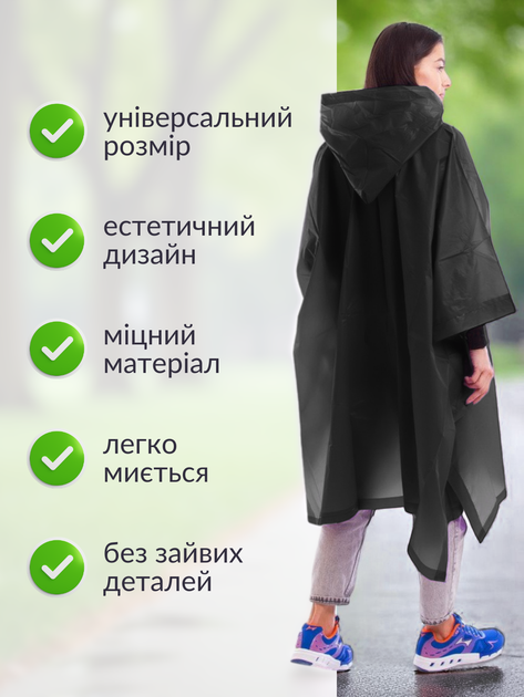 Дождевик женский плащ пончо женское мужское палатка накидка от дождя для велосипедиста рыбалки прозрачный многоразовый мужской взрослый на кнопках туристический куртка велодождевик Hechpro АН0-60 черный - изображение 2
