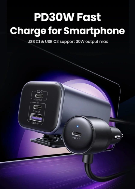 Автомобільний зарядний пристрій UGREEN 130W Fast Charger 4-Port USB - Фото 5 Автомобільний зарядний пристрій UGREEN 130W Fast Charger 4-Port USB - зображення 5