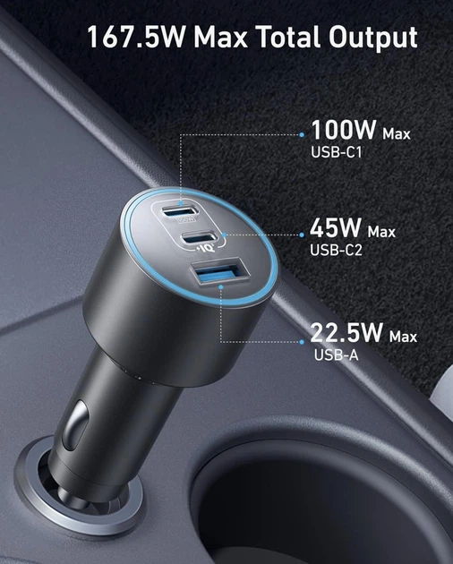 Автомобільний зарядний пристрій Anker USB-C Fast Car 3-Port Charger 167.5W з кабелем Type-C в комплекті - Фото 2 Автомобільний зарядний пристрій Anker USB-C Fast Car 3-Port Charger 167.5W з кабелем Type-C в комплекті - зображення 2