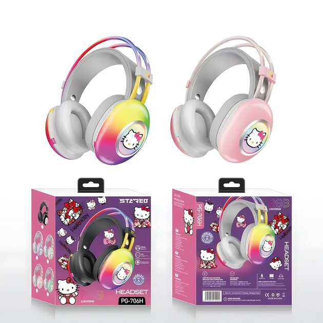 Наушники Bluetooth Hello Kitty PG-706H с Rgb подсветкой микрофоном поддержкой карты памяти - изображение 6