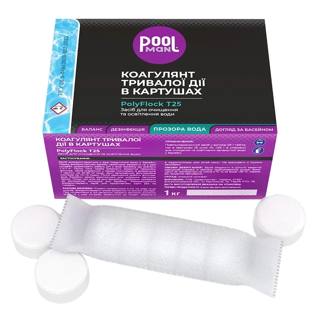 Коагулянт тривалої дії в картушах 1кг PolyFlock T25 Poolman - повільнорозчинний засіб для освітлення води - Фото 1 Коагулянт тривалої дії в картушах 1кг PolyFlock T25 Poolman - повільнорозчинний засіб для освітлення води - зображення 1
