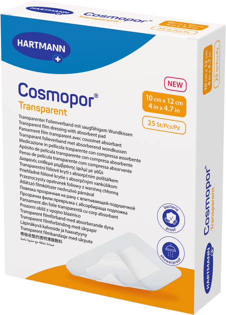Пов'язка плівкова Hartmann прозора з абсорбівною подушечкою Cosmopor Transparent 10 см x 12 см 25 шт (9010560) - зображення 1