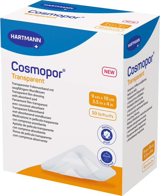 Пов'язка плівкова Hartmann прозора з абсорбівною подушечкою Cosmopor Transparent 9 см x 10 см 50 шт (9010530) - зображення 1