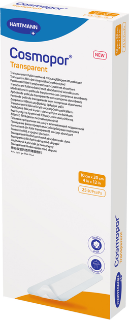Пов'язка плівкова Hartmann прозора з абсорбівною подушечкою Cosmopor Transparent 10 см x 30 см 25 шт (9010600) - зображення 1