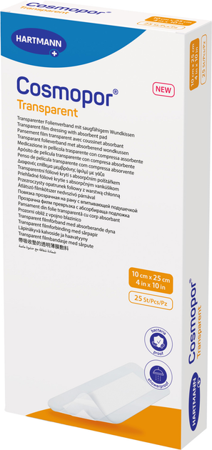 Пов'язка плівкова Hartmann прозора з абсорбівною подушечкою Cosmopor Transparent 10 см x 25 см 25 шт (9010590) - зображення 1