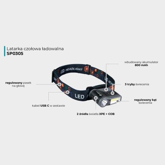Ліхтар налобний COB/XPE DPM з можливістю зарядки SP0305 (5906881217788) - зображення 18