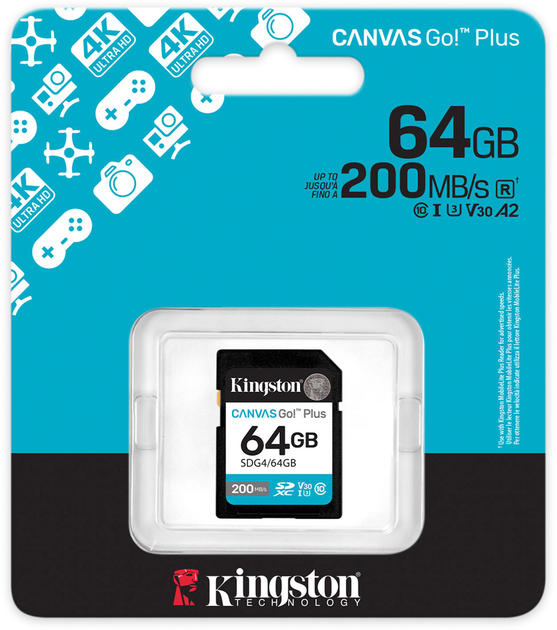 Karta pamięci Kingston SDXC 64GB Canvas Go! Plus G4 Class 10 UHS-I U3 V30 (SDG4/64GB) - obraz 3