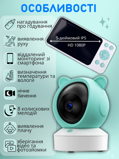 Видеоняня с двухсторонней связью Baby Monitor с 5 дюймовым HD экраном поворотная радионяня с портативным дисплеем и управление со смартфоном датчиком звука, движения, ночное видение - изображение 2