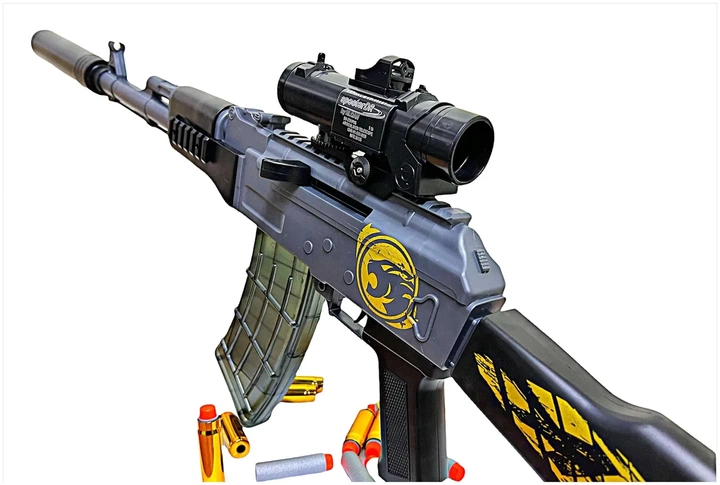 Игрушечный автомат винтовка AK-47 на мягких пулях EVA 92 см с глушителем, оптическим прицелом серый - изображение 2