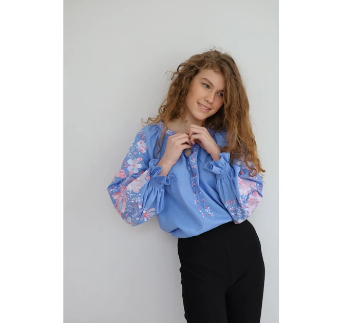 Жіноча вишиванка Троянди Vovna Блакитна розмір 54 XXL (5001311) - изображение 4