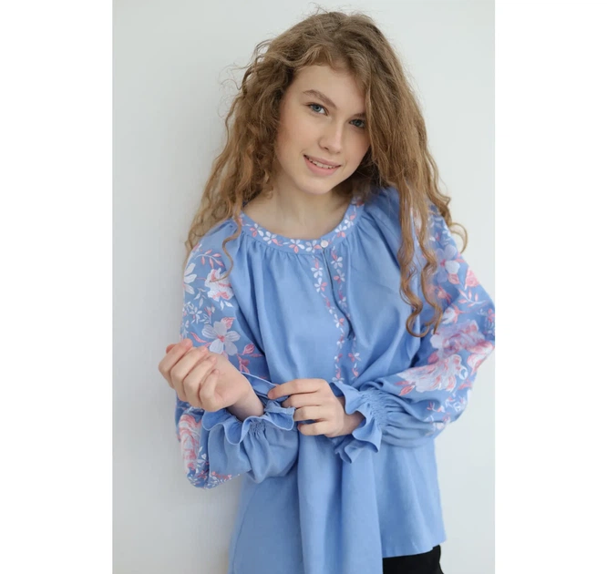 Жіноча вишиванка Троянди Vovna Блакитна розмір 54 XXL (5001311) - изображение 5