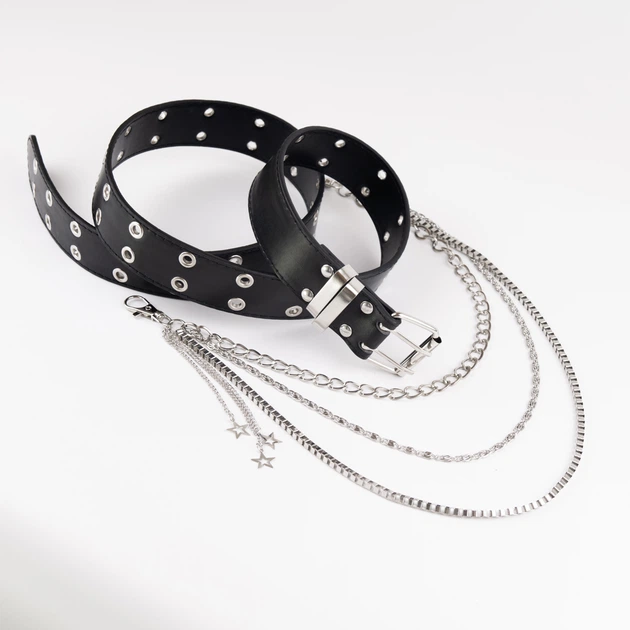 Ремень с цепями разными металлический брутальный черный 105 см - Фото 1 Ремень с цепями разными металлический брутальный черный 105 см - изображение 1
