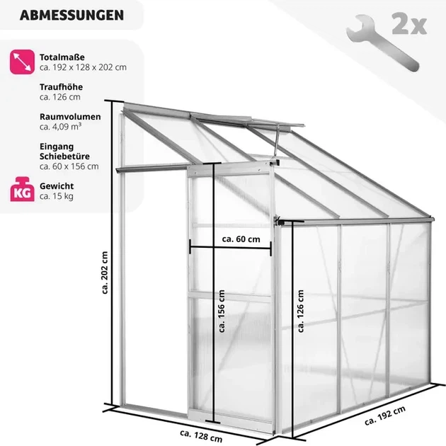 Пристенная теплица 192 x 128 x 202 см. 4,09 м³ с окном вентиляции на крыше - Фото 2 Пристенная теплица 192 x 128 x 202 см. 4,09 м³ с окном вентиляции на крыше - изображение 2